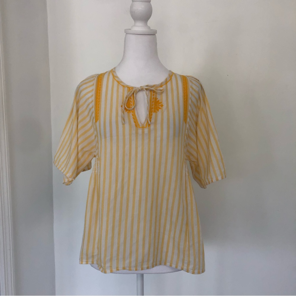 BANANA REPUBLIC Women White/Yellow Striped Tie Neck Blouse XS Embroidery Details
